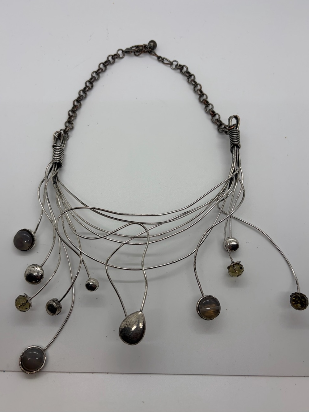Handmade Wire-Wrapped Cascading Statement Necklace with Mixed Earthy Gemstone Da